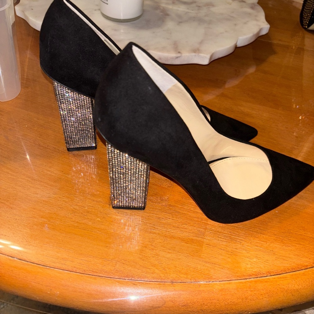 Elegant Black Suede Heels with Rhinestone Block Heel
